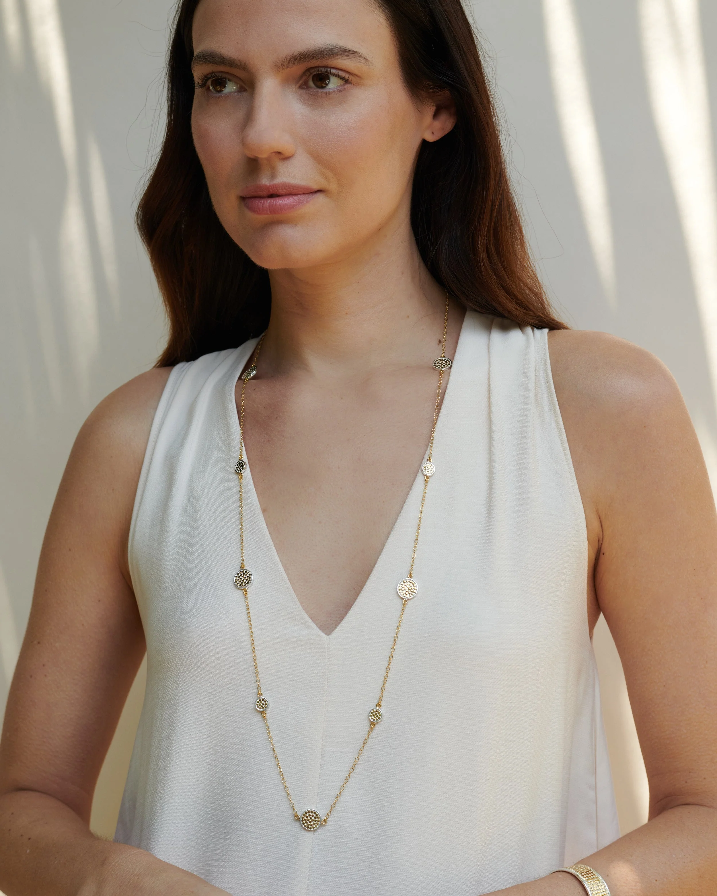 Classic Long Multi-Disc Station Necklace - Gold & Silver - Image 2