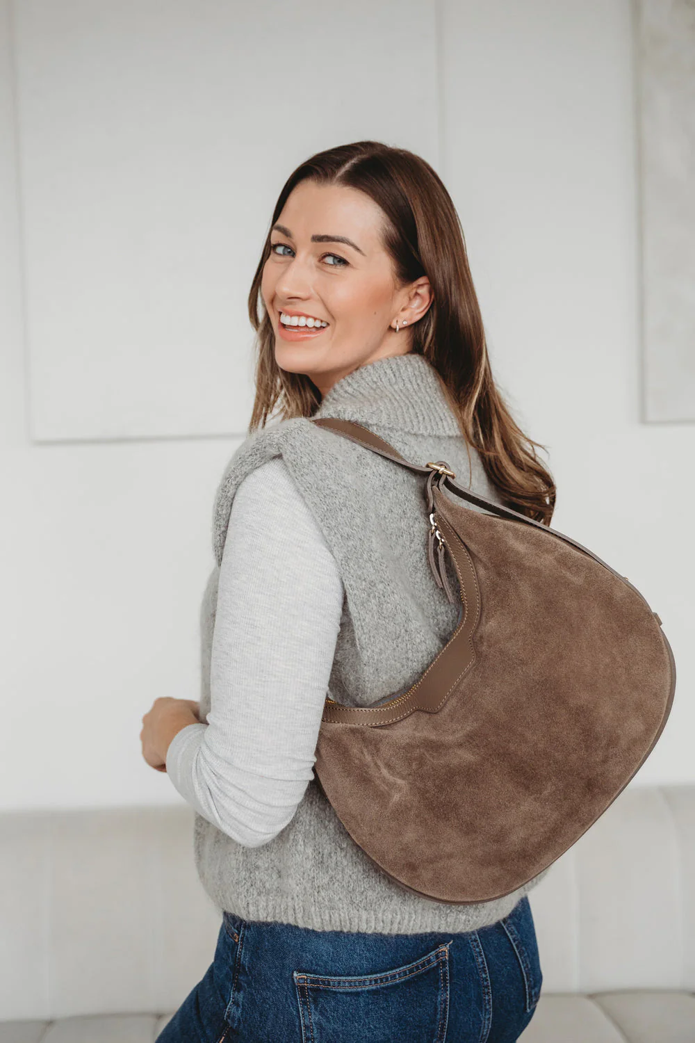 Crescent Suede Bag - Taupe - Image 2