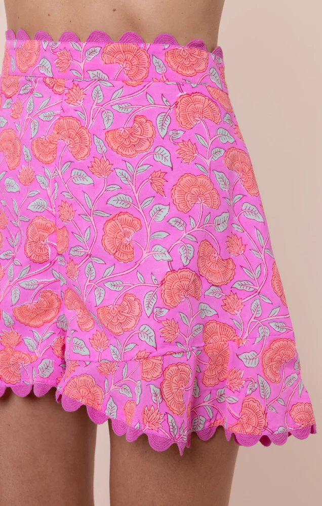 Floral Print Frill Shorts With Ric Rac Trim - Fuchsia/Neon Red - Image 3