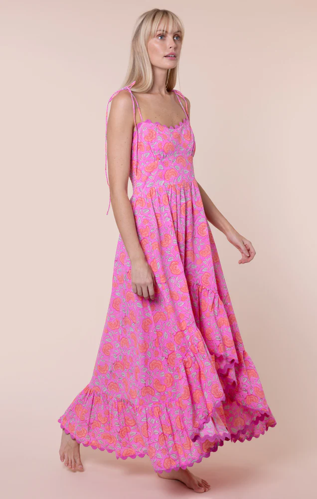Floral Print Hi-Lo Dress With Ric Rac Trim - Fuchsia/Neon Red - Image 3