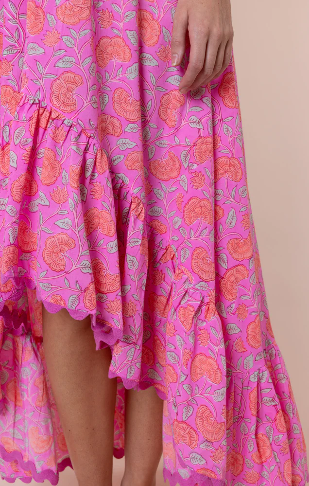 Floral Print Hi-Lo Dress With Ric Rac Trim - Fuchsia/Neon Red - Image 5