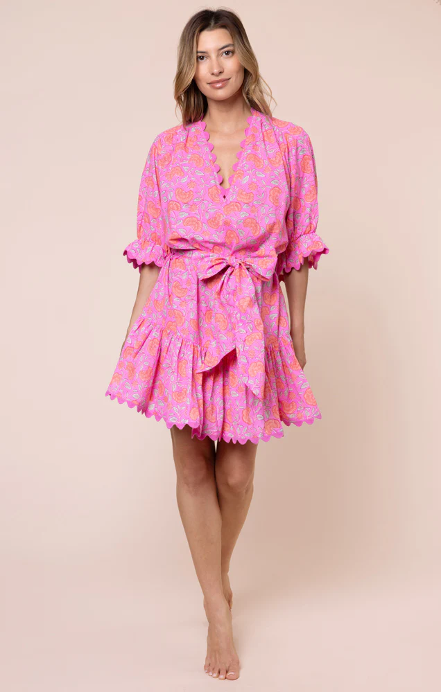 Floral Print Tie Waist Mini Dress With Ric Rac Trim - Fuchsia/Neon Red - Image 3
