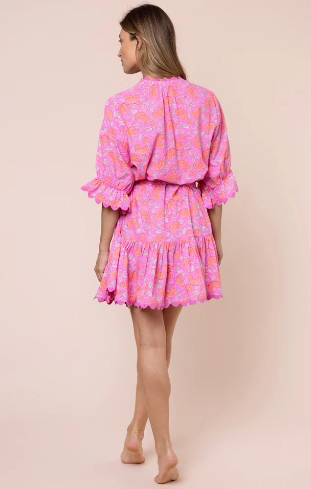Floral Print Tie Waist Mini Dress With Ric Rac Trim - Fuchsia/Neon Red - Image 4
