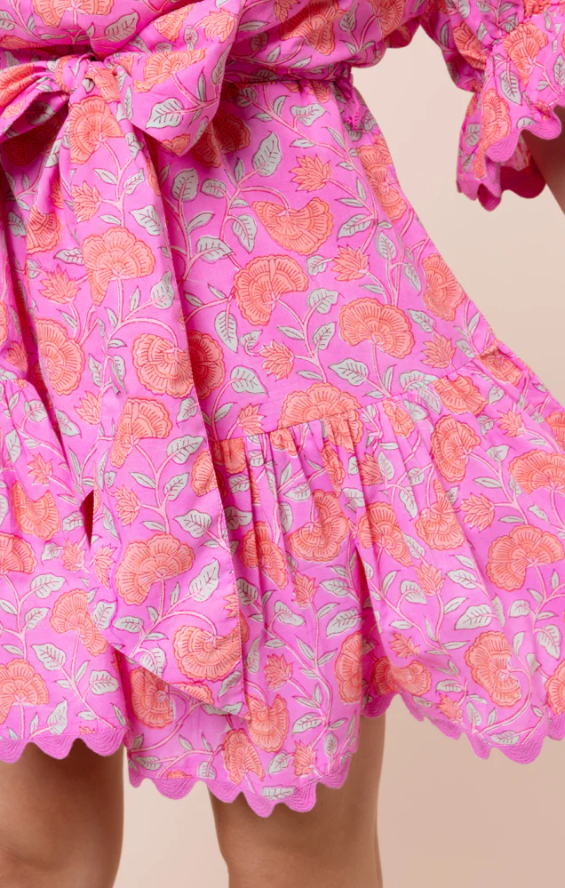 Floral Print Tie Waist Mini Dress With Ric Rac Trim - Fuchsia/Neon Red - Image 5