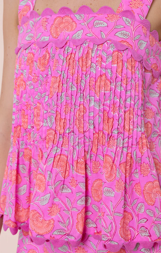 Floral Print Top With Ric Rac Trim - Fuchsia/Neon Red - Image 5