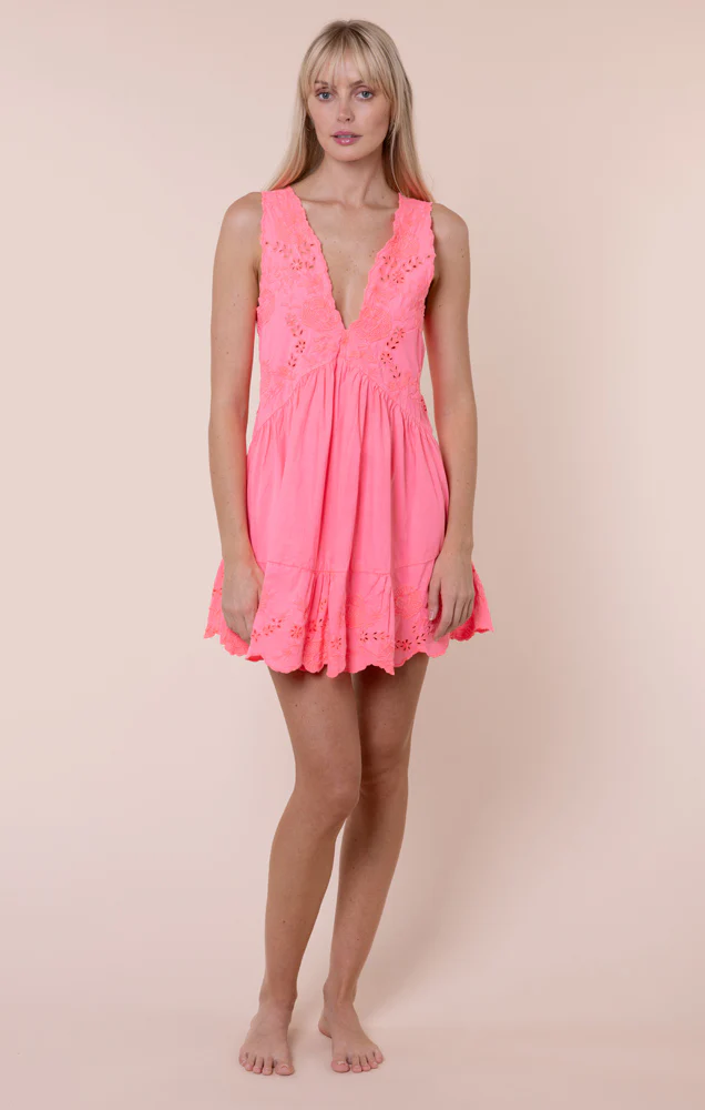 Poplin V-Back Mini Dress With Scallop Embroidery - Watermelon - Image 3