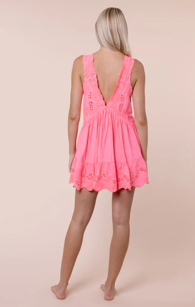 Poplin V-Back Mini Dress With Scallop Embroidery - Watermelon - Image 5