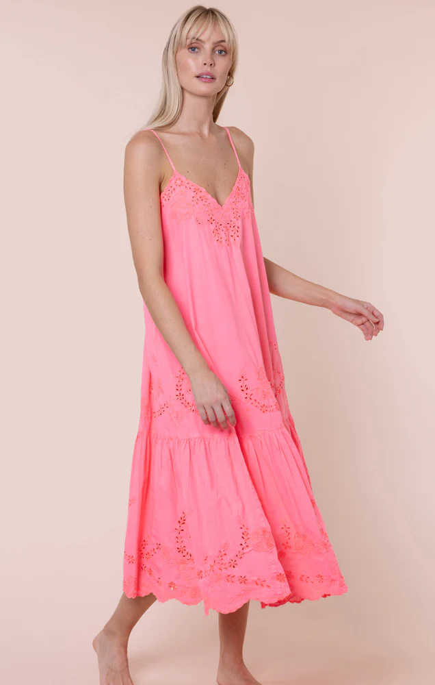 Poplin V-Neck Midi Dress With Scallop Embroidery - Watermelon - Image 3