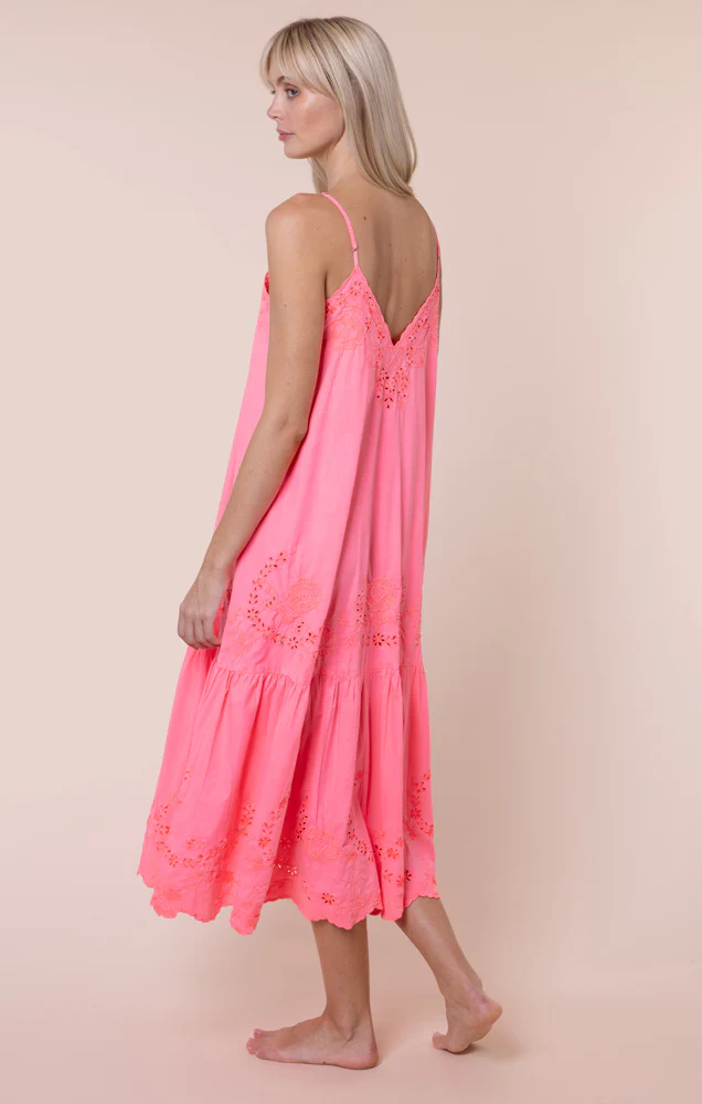 Poplin V-Neck Midi Dress With Scallop Embroidery - Watermelon - Image 4