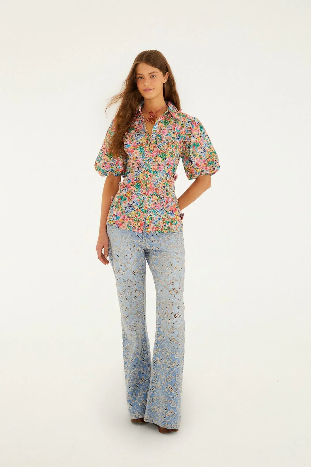 Peasant Floral Butterflies Blouse - Off-White - Image 3