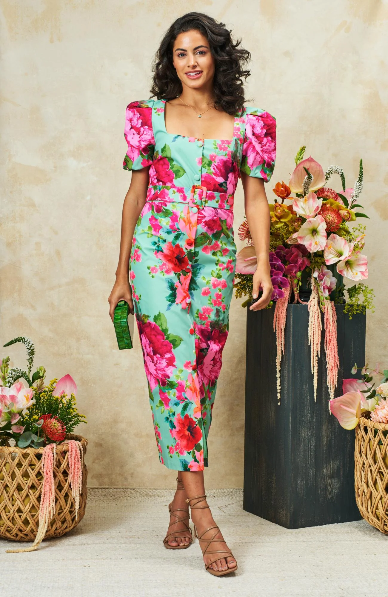 The Rowena Dress - Green/Pink - Image 3