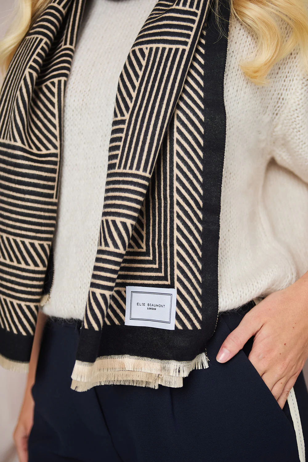 Winter Scarf - Black & Sand Geometric - Image 4